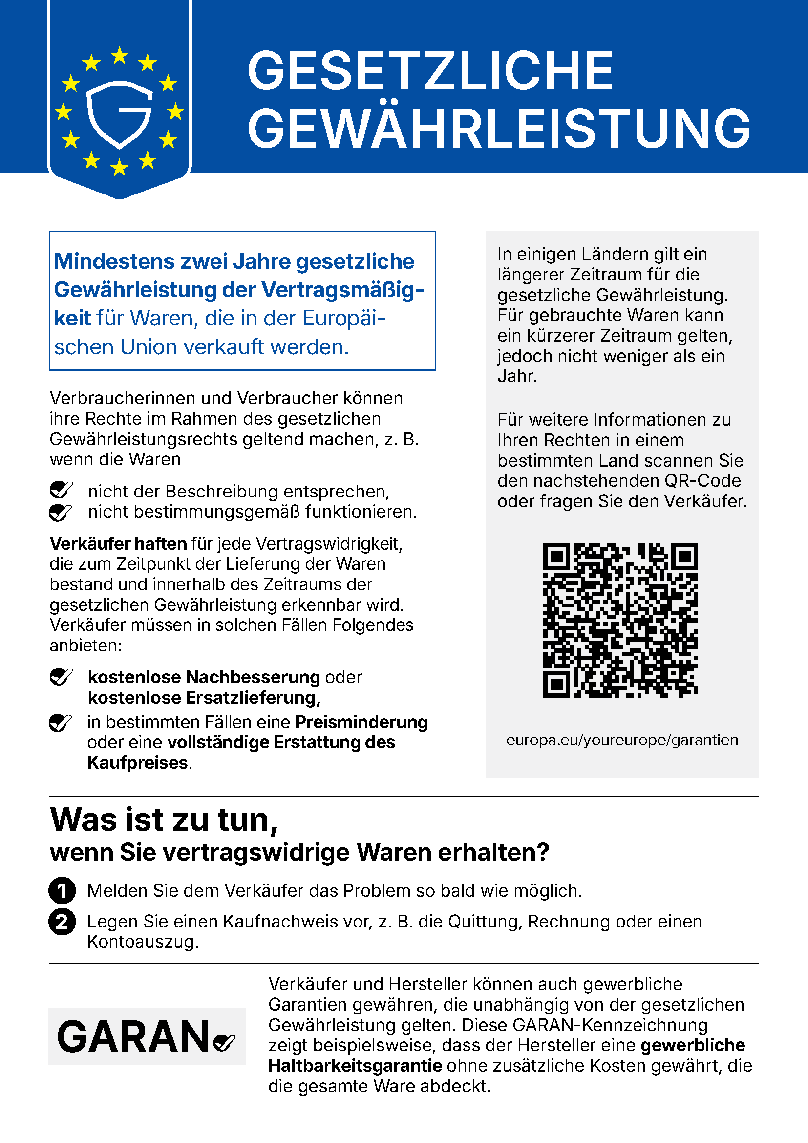EU-Gewährleistungsinformation gemäß Anhang I der Richtlinie (EU) 2019/771
